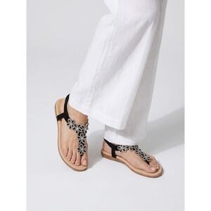 Siketu Womens Black Floral Rhinestone Elastic Slingback Flat Sandals Size 39